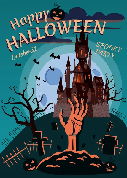 Feliz calabaza de Halloween en el cementerio, un castillo negro abandonado, una mano se extiende desde la tumba, una noche de luna llena oscura, cruces y lápidas. Vector, aislado, tarjeta de felicitación de vacaciones, póster — Vector de stock