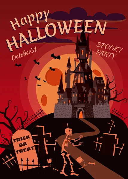 Buona zucca di Halloween nel cimitero, un castello nero abbandonato, una notte di luna piena buia, croci e lapidi. Vettore, isolato, biglietto di auguri per le vacanze, poster, banner, stile cartone animato — Vettoriale Stock