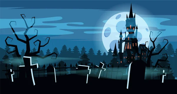 Plantilla de Halloween cementerio de vacaciones, negro castillo abandonado, sombrío bosque de otoño, panorama, luna, cruces y lápidas. Vector, aislado, tarjeta de invitación, cartel, bandera, estilo de dibujos animados . — Archivo Imágenes Vectoriales