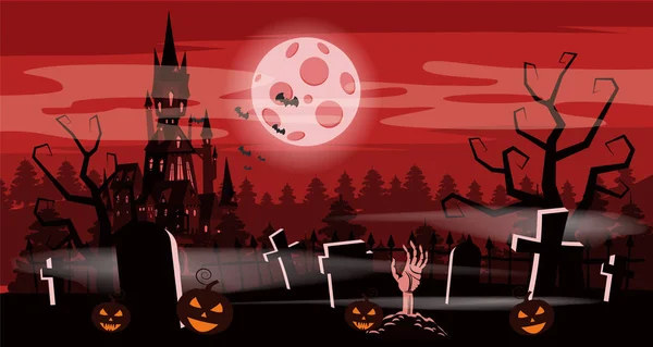 Sablon Halloween ünnep tök, temető, fekete elhagyatott kastély, Borús őszi erdő, panoráma, Hold, keresztek és sírkövek. Vektor, elszigetelt, meghívó, plakát, transzparens, rajzfilm stílusú. — Stock Vector