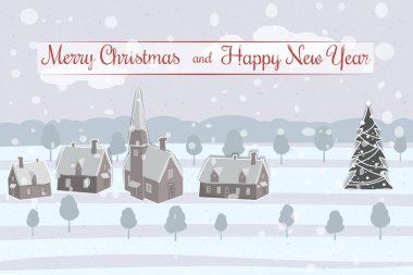 Mutlu Noeller ve mutlu yeni yıl köy evleri ile kar düşer. Vektör, karikatür tarzı, poster, kart, baner, arka plan.