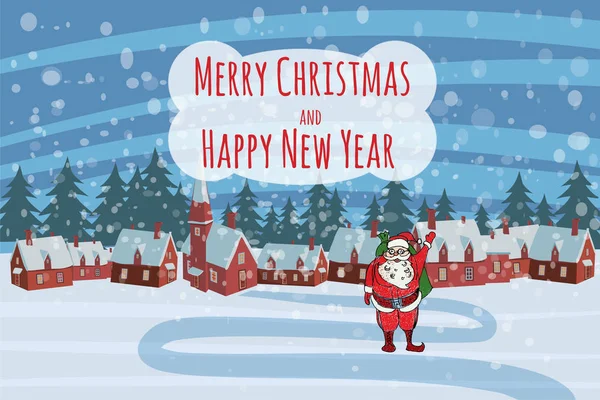 Noel Baba, kar ile neşeli Noel ve mutlu yeni yıl köy evi düşmek. Vektör, karikatür tarzı, poster, kart, baner, arka plan.