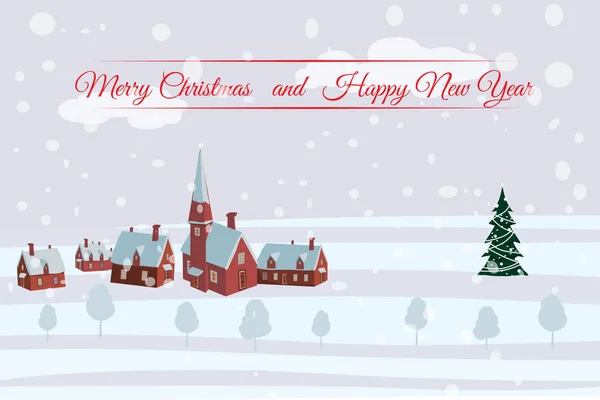 Joyeux Noël et bonne année maisons de village avec chute de neige. Vecteur, dessin animé, poster, carte, bannière, fond . — Image vectorielle