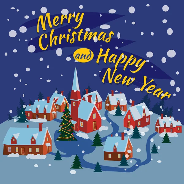 Buon Natale e felice anno nuovo case di paese con neve cadere nella notte. Vettoriale, stile cartone animato, manifesto, carta, baner, sfondo . — Vettoriale Stock