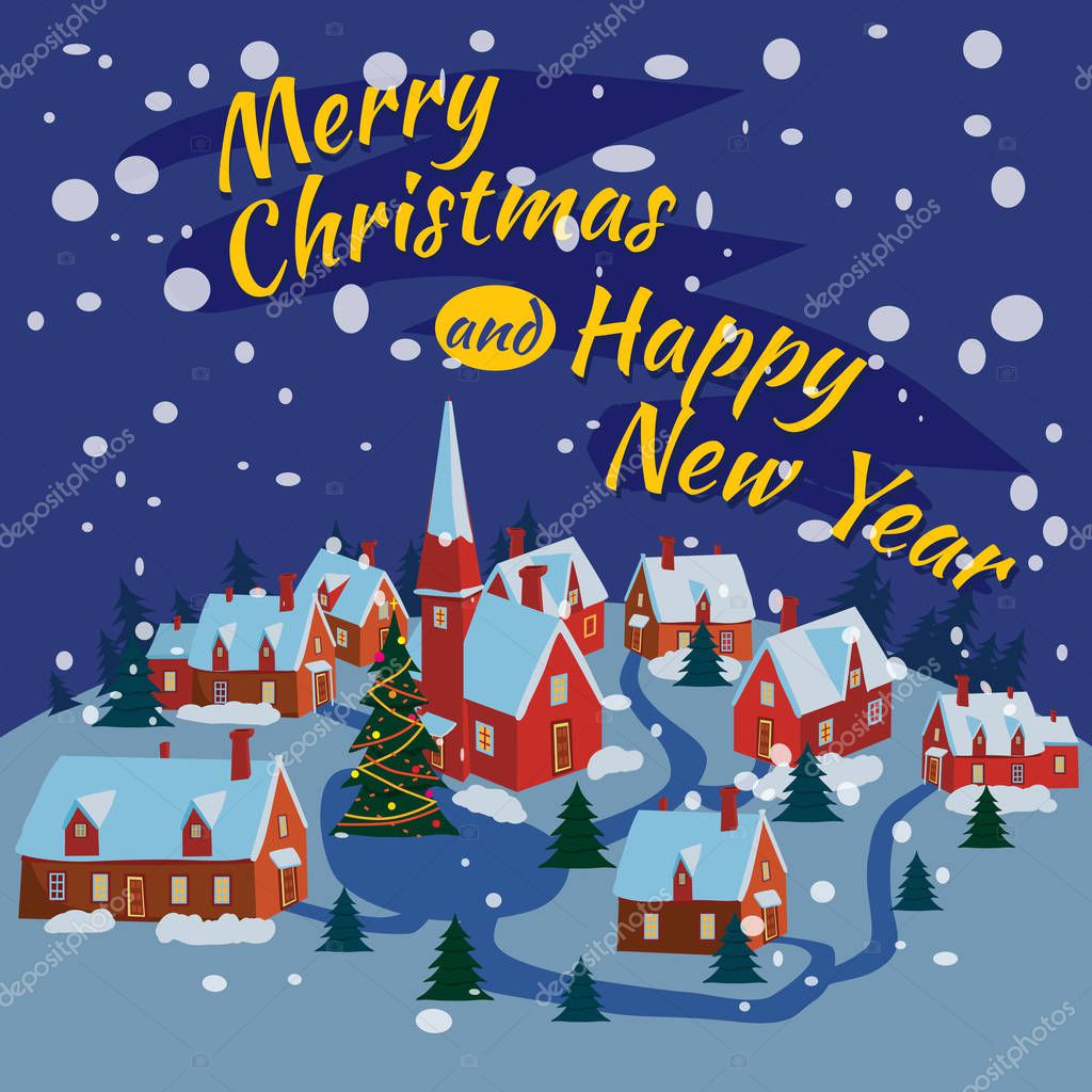 Merry Christmas village with snow fall in the night background.