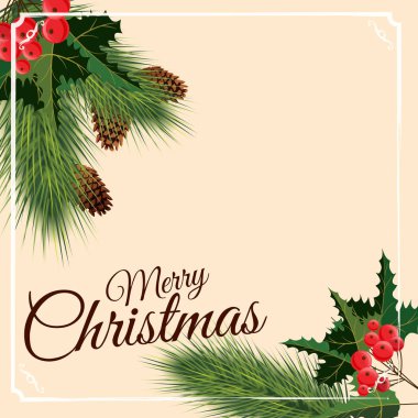 Neşeli Noel ve mutlu yeni yıl tebrik kartı Chrirstmas süslemeleri köknar koniler, holly berry ile. Vektör çizim, baner, poster