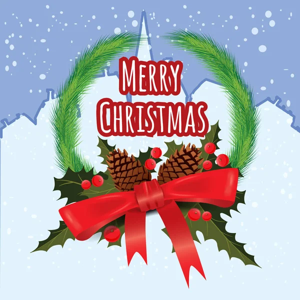 Felicitări Crăciun fericit cu Chrirstmas coroană decorațiuni conuri de brad, boabe Holly. Ilustrație vectorială, baner, poster — Vector de stoc