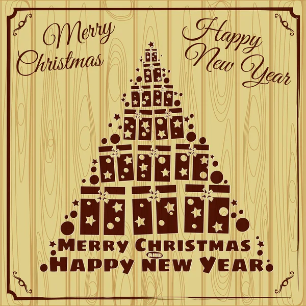 Chrirstmas 메리 크리스마스와 새 해 복 많이 인사말 카드 선물 상자 나무 보드에. 나무 굽기입니다. 벡터 일러스트 레이 션, baner, 포스터 — 스톡 벡터