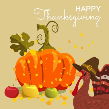 Vektör çizimi bir Happy Thanksgiving kutlama tasarım karikatür Türkiye ve sonbahar yaprakları ile