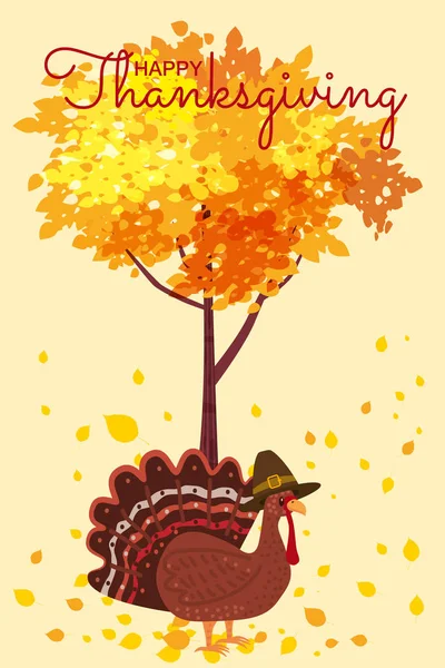 Feliz Celebración de Acción de Gracias con Dibujos Animados Turquía y Árbol de Otoño y Hojas. Vector, Ilustración, Diseñar, Banner, Póster — Vector de stock