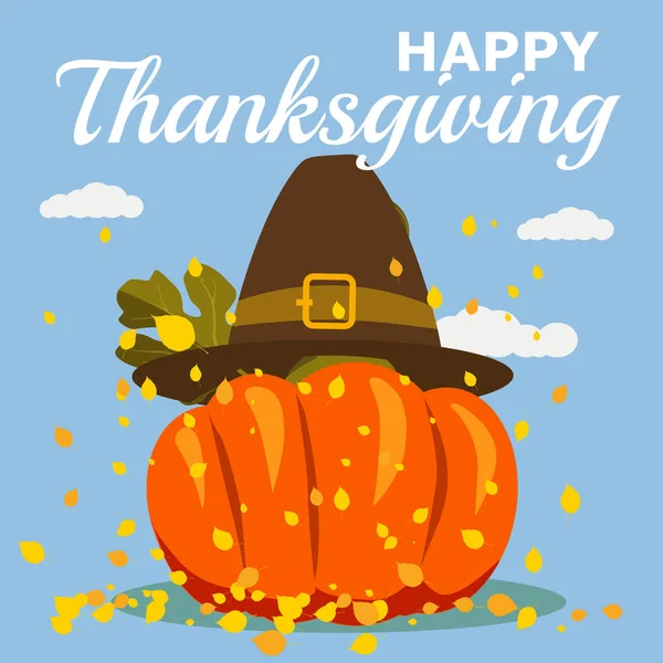Joyeux Thanksgiving Célébration avec Cartoon Citrouille et feuilles d'automne. Vecteur, Illustration, Conception, Baner, Affiche — Image vectorielle
