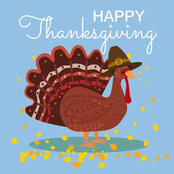 Feliz celebración de Acción de Gracias con dibujos animados Turquía y hojas de otoño. Vector, Ilustración, Diseñar, Banner, Póster — Vector de stock