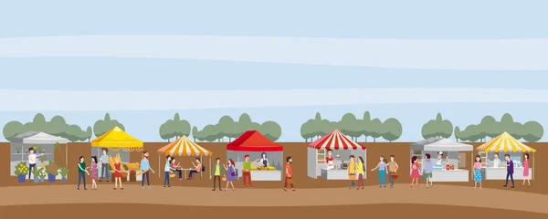 Venkovní festival se stánky s jídlem, markýzy, stany, zmrzlina, káva, hot dog, květiny, pekárna, chůzi lidí, mužů a žen, nákup a prodej zboží v parku na podzim. Plochá kreslené vektorové ilustrace — Stockový vektor