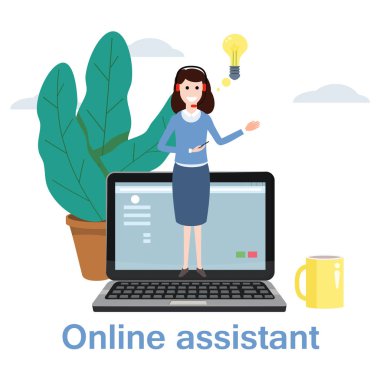Kavram online asistan, müşteri ve işleç, çağrı merkezi, online dünya çapında teknik destek 24-7. Vektör illüstrasyon kadın hattı operatörü istemci, sanal yardım hizmeti önerir.