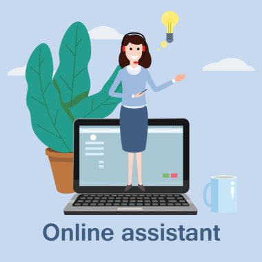 Kavram online asistan, müşteri ve işleç, çağrı merkezi, online dünya çapında teknik destek 24-7. Vektör illüstrasyon kadın hattı operatörü istemci, sanal yardım hizmeti önerir.