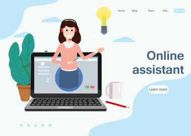 Konsept Web sayfası online asistan, müşteri ve işleç, çağrı merkezi, online dünya çapında teknik destek 24-7. Vektör illüstrasyon kadın hattı operatörü istemci, sanal yardım hizmeti önerir.