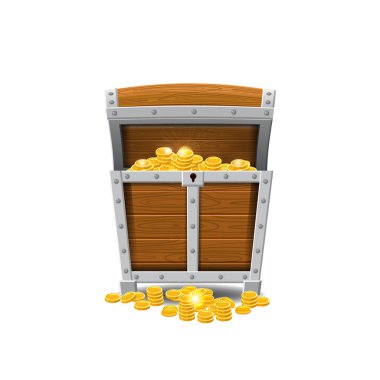 Ahşap eski korsan sandıklar, hazineleri, altın, hazineleri, vektör, dolu izole stil, illüstrasyon, karikatür. Uygulamalar için Oyunlar, reklam