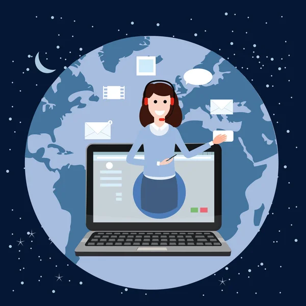 Conceito assistente online, cliente e operador, call center, suporte técnico global on-line 24-7. Fundo da Terra. ilustração vetorial operador hotline feminino aconselha cliente, serviço de ajuda virtual . — Vetor de Stock