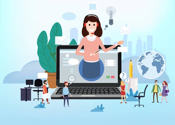 Conceito assistente online, cliente e operador, call center, suporte técnico global on-line 24-7. ilustração vetorial operador hotline feminino aconselha cliente, serviço de ajuda virtual . — Vetor de Stock