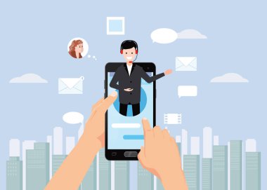 Kavram online asistan, ellerini tutun smartpnone, müşteri ve işleç, çağrı merkezi, online dünya çapında teknik destek 24-7. Vektör çizim erkek hattı operatörü istemci, sanal yardım öneren