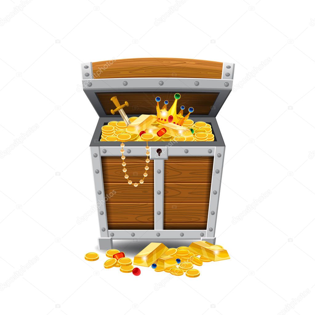 Wooden old pirate chests, full of treasures, gold coins, treasures, vector, cartoon style, illustration, isolated. For games, advertising applications