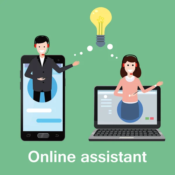 Concept online asistent, client și operator, call center, suport tehnic global online 24-7. Ilustrație vectorială operator hotline de sex masculin și feminin consiliază client, serviciu de ajutor virtual — Vector de stoc