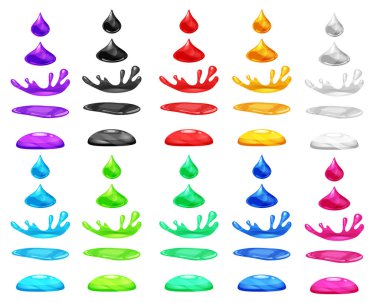 Set damla sıvı su düşüyor ve bir sıçrama, farklı renk yapar. İzole stil, vektör, aşamaları, çerçeveler, animasyon, çizgi film