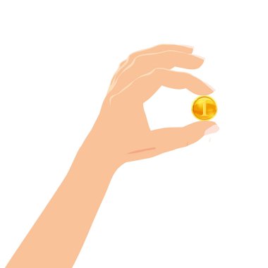 Onun el altın sikke tutan el. İş başarısı, kar, finans, para kavramı yapma. Karikatür tarzı tasarım karikatür vektör çizim beyaz arka plan üzerinde