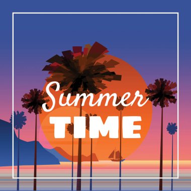 Sahil, deniz yatay, avuç içi, minimalist illüstrasyon, yaz saati. Deniz manzarası gündoğumu veya günbatımı. Vektör arka plan, izole