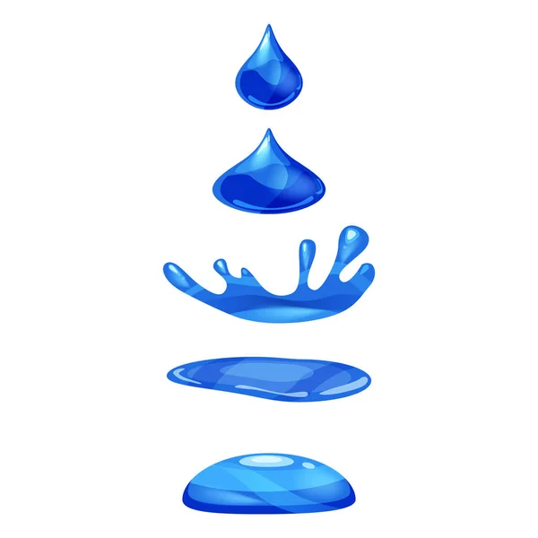 Goutte de liquide, l'eau tombe et fait une éclaboussure, de couleur bleue. Phases, cadres, pour l'animation, style dessin animé, vecteur, isolé — Image vectorielle