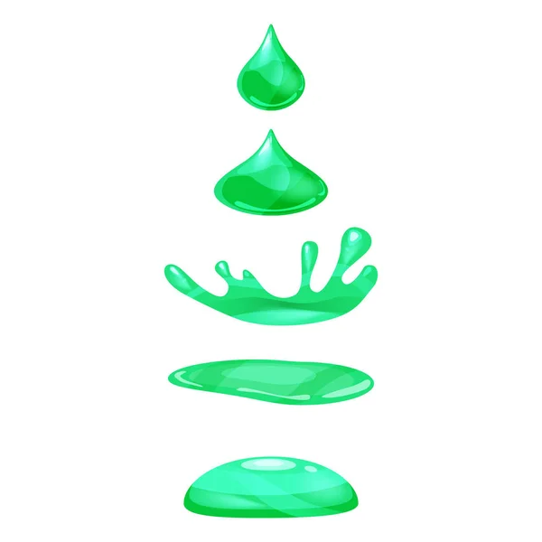 Drop of liquid, water falls and makes a splash, green colour. Phases, frames, for animation, cartoon style, vector, isolated — Stock Vector