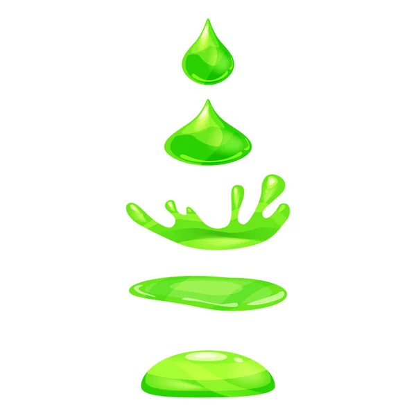 Gota de líquido, el agua cae y hace un chapoteo, de color verde. Fases, marcos, para la animación, estilo de dibujos animados, vector, aislado — Archivo Imágenes Vectoriales
