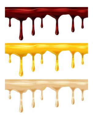 Set Dripping seamless chocolate, honey, caramel, dripps, liquid drop and splash, blood repeatable isolated on white, vector and illustration. clipart