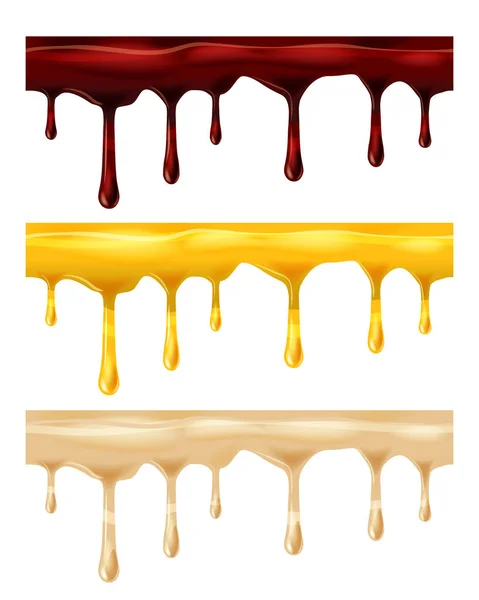 Set Dripping seamless chocolate, honey, caramel, dripps, liquid drop and splash, blood repeatable isolated on white, vector and illustration. — Stock Vector