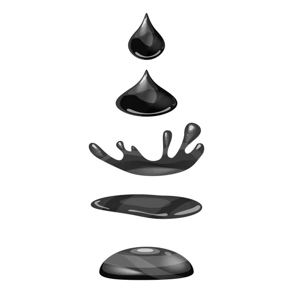 Gota de líquido, el agua cae y hace un chapoteo, de color negro. Fases, marcos, para la animación, estilo de dibujos animados, vector, aislado — Vector de stock