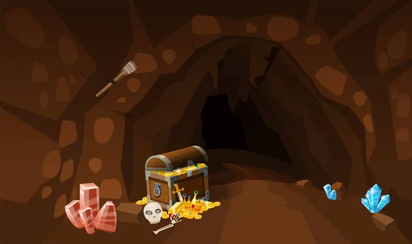 Treasure cave med bröstet guld mynt, pärlor. Skärm till datorspelet. Bakgrundsbild att använda appar, spel, grafik, banners. Vektor tecknad illustration — Stock vektor