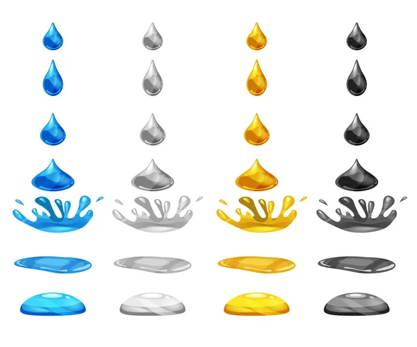 Set csepp folyadék, víz esik, és teszi a splash, különböző színű. Fázis, keretek, animációs, rajzfilm stílusú, vektor, elszigetelt — Stock Vector