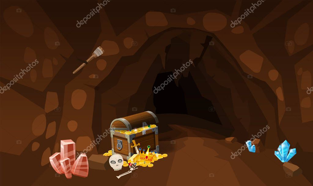 Treasure cave with chest gold coins, gems. Screen to the computer game