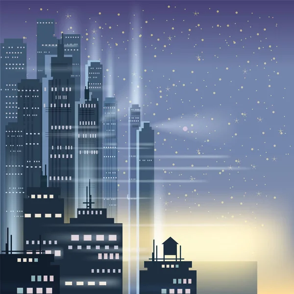 Ciudad nocturna, escena de la ciudad, rascacielos, torres, cielo estrellado, luces, horizonte, perspectiva, fondo, vector, aislado — Archivo Imágenes Vectoriales