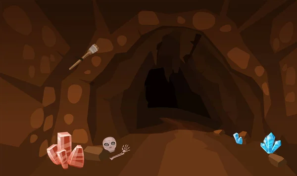 Θησαυρού σπήλαιο με κρύσταλλα. Έννοια, τέχνη για το παιχνίδι στον υπολογιστή. Εικόνα φόντου για να χρησιμοποιήσετε εφαρμογές, πανό, παιχνίδια, γραφικά. Καρτούν εικονογράφηση φορέα — Διανυσματικό Αρχείο