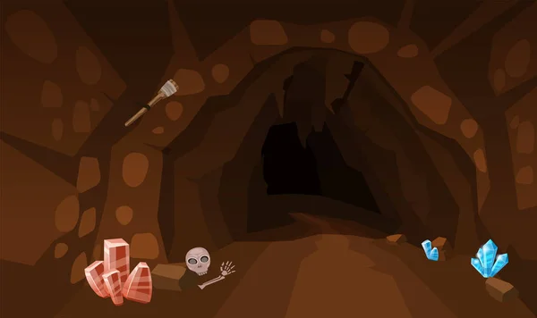 Schatzhöhle mit Kristallen. Konzept, Kunst für Computerspiele. Hintergrundbild, um Spiele, Apps, Banner, Grafiken zu verwenden. Vektor Cartoon Illustration — Stockvektor