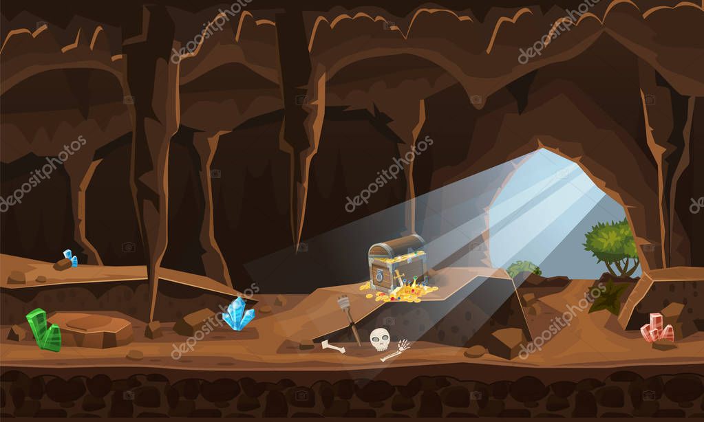 Treasure cave with chest gold coins, gems. Concept, art for computer game
