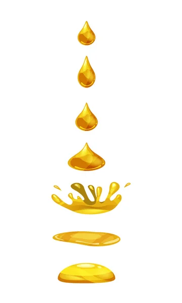 Gota de líquido, el agua cae y hace un chapoteo, naranja, color oro. Fases, marcos, para la animación, estilo de dibujos animados, vector, aislado — Archivo Imágenes Vectoriales