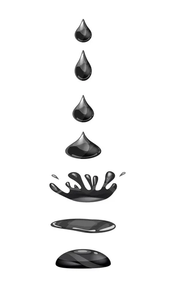 Druppel vloeistof, water valt en maakt een plons, de zwarte kleur. Fasen, frames voor animatie, cartoon stijl, vector, geïsoleerd — Stockvector