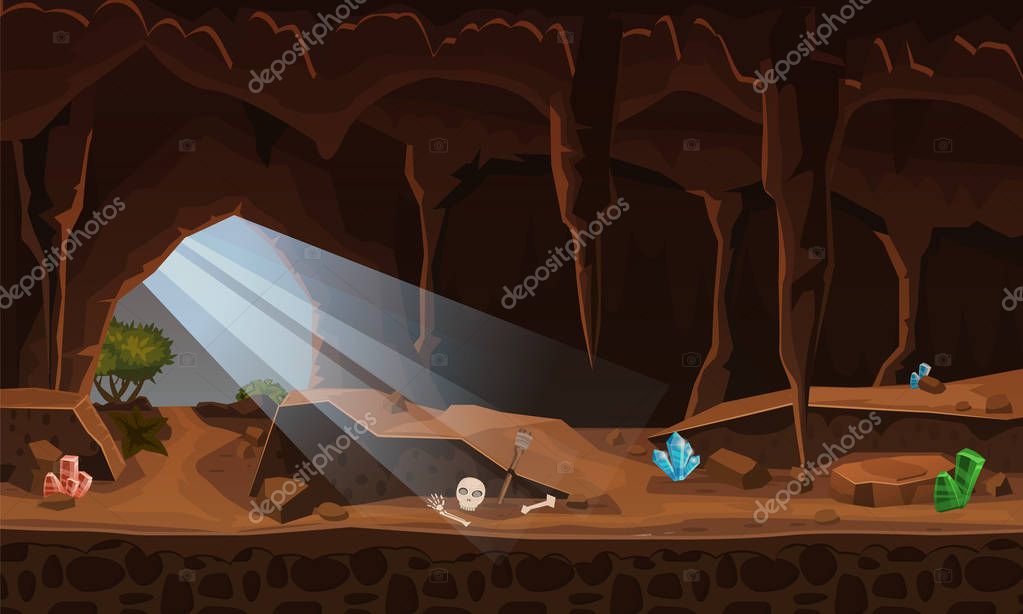 Treasure cave with crystals. Concept, art for computer game