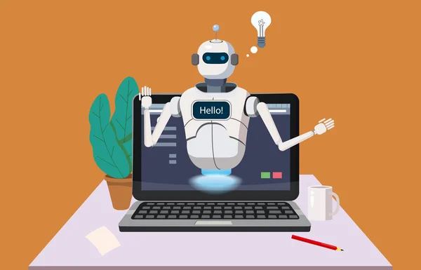 Bedava Chat Bot, Laptop Say Hello öğe Web sitesi veya mobil uygulamalar, yapay zeka kavramı karikatür vektör çizim Office arka plan üzerinde Robot sanal yardım