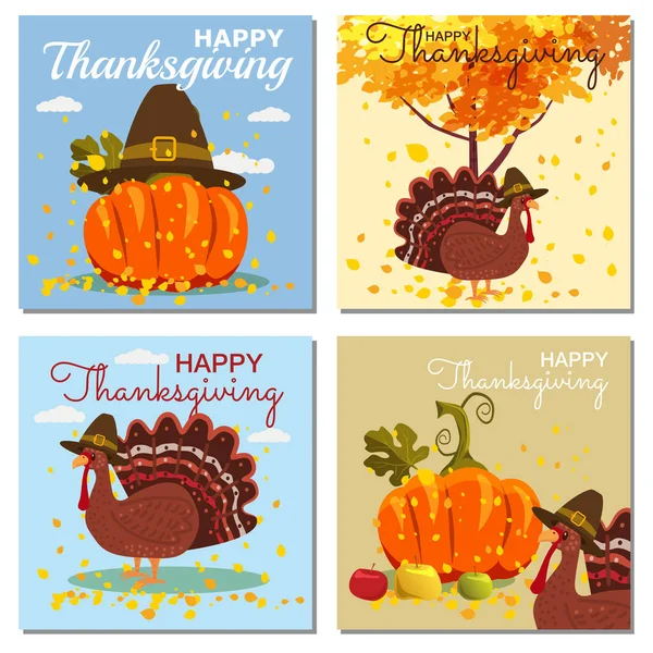 Jeu de cartes Joyeux Thanksgiving Célébration avec Cartoon Pumpkin et feuilles d'automne. Vecteur, Illustration, Conception, Baner, Affiche — Image vectorielle