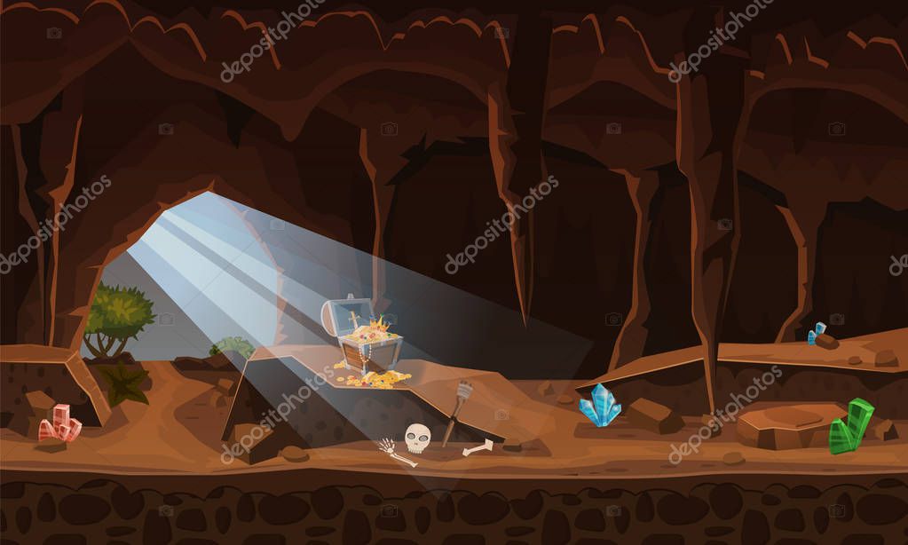 Treasure cave with chest gold coins, gems. Concept, art for computer game