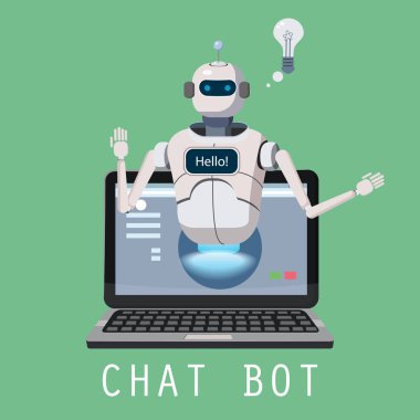 Bedava Chat Bot, Robot sanal yardım Laptop Say Hello öğe Web sitesi veya mobil uygulamalar, yapay zeka kavramı çizgi film üzerinde illüstrasyon vektör