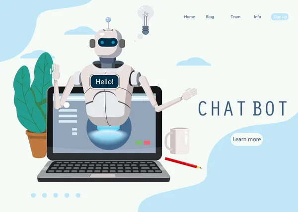 Free Chat Bot, Robot Virtual Assistance On Laptop Say Hello Concept Web Page Elemento del sito Web o delle applicazioni mobili, Artificial Intelligence Concept Cartoon Vector Illustration — Vettoriale Stock